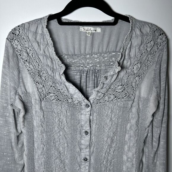 Solitaire Top Womens Small Gray Crochet Embroidered Cottagecore Boho Casual Chic - Picture 3 of 16